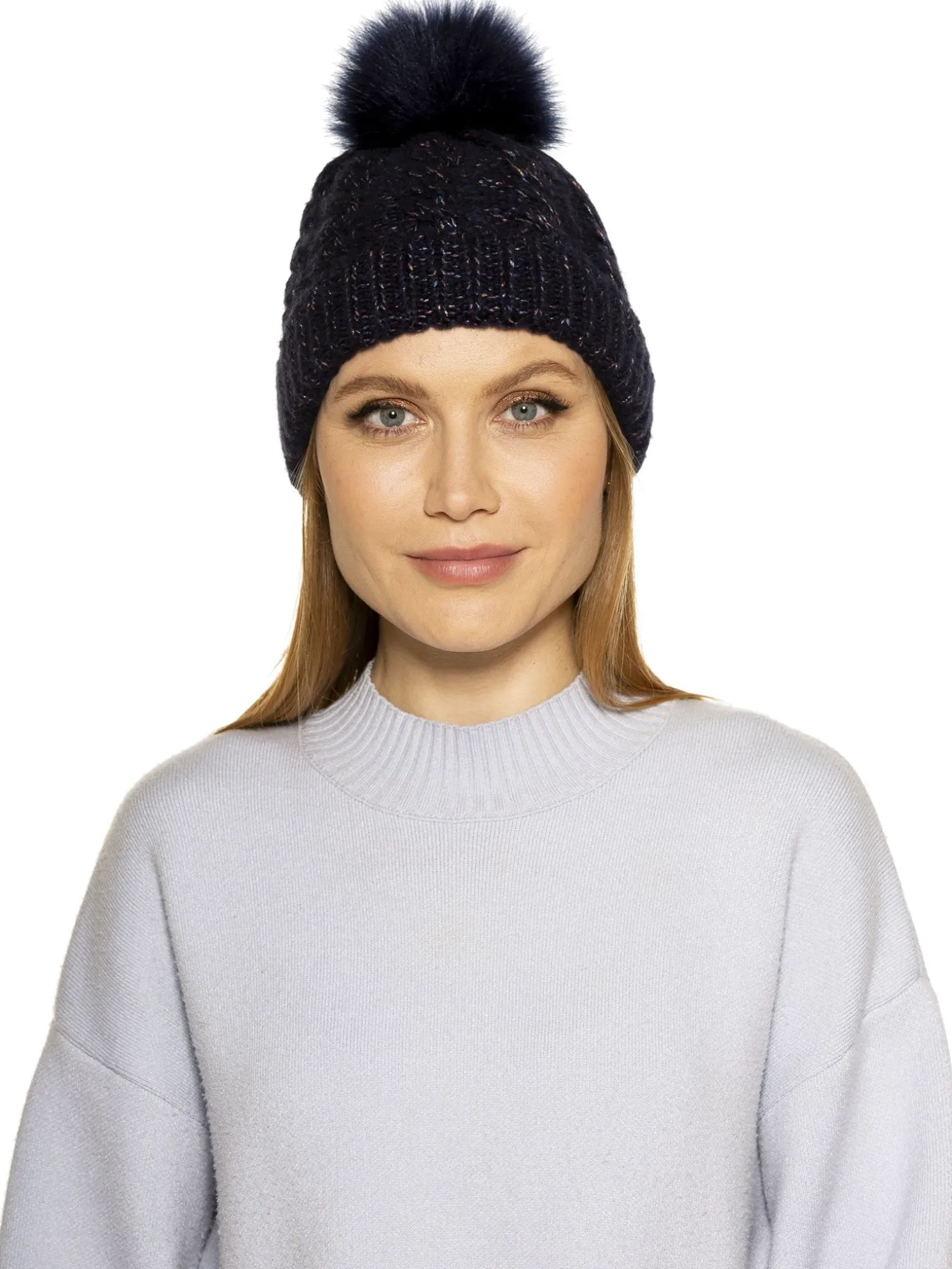 Angela Cable Knit Beanie With Pom